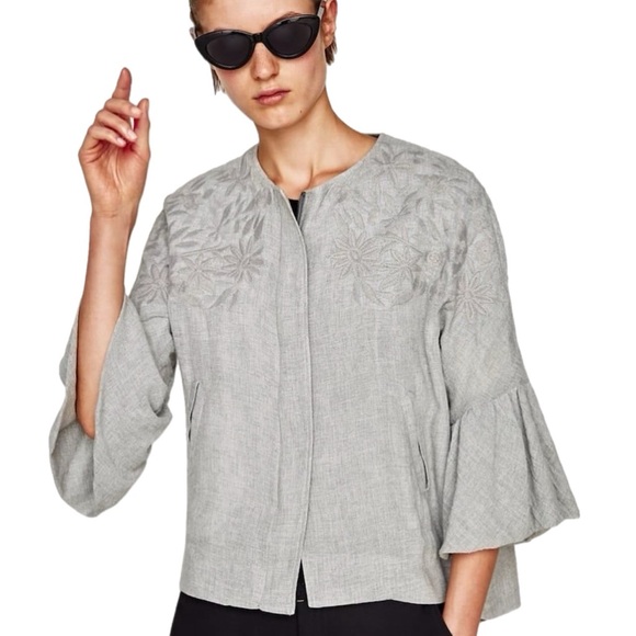 Zara Basic Women’s Collarless Cropped Heather Grey Embroidered Coat, Size XS - Picture 1 of 13